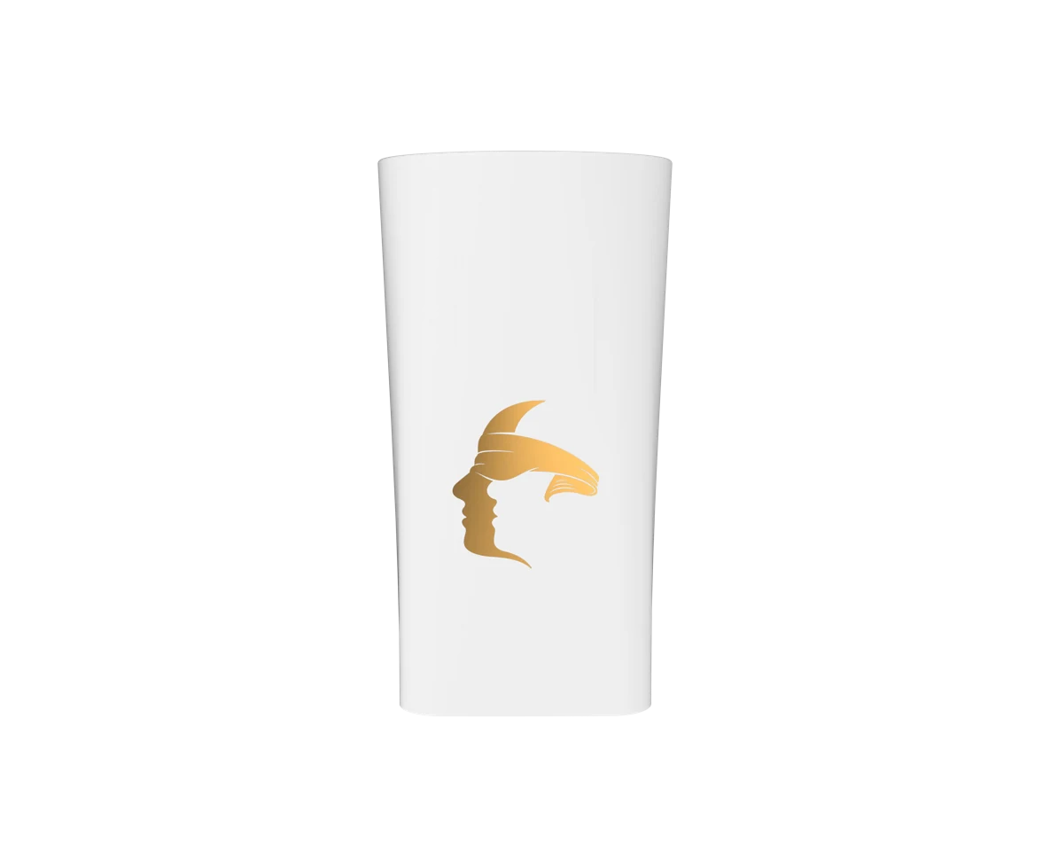 White HANKOL ceramic cup with a gold face emblem